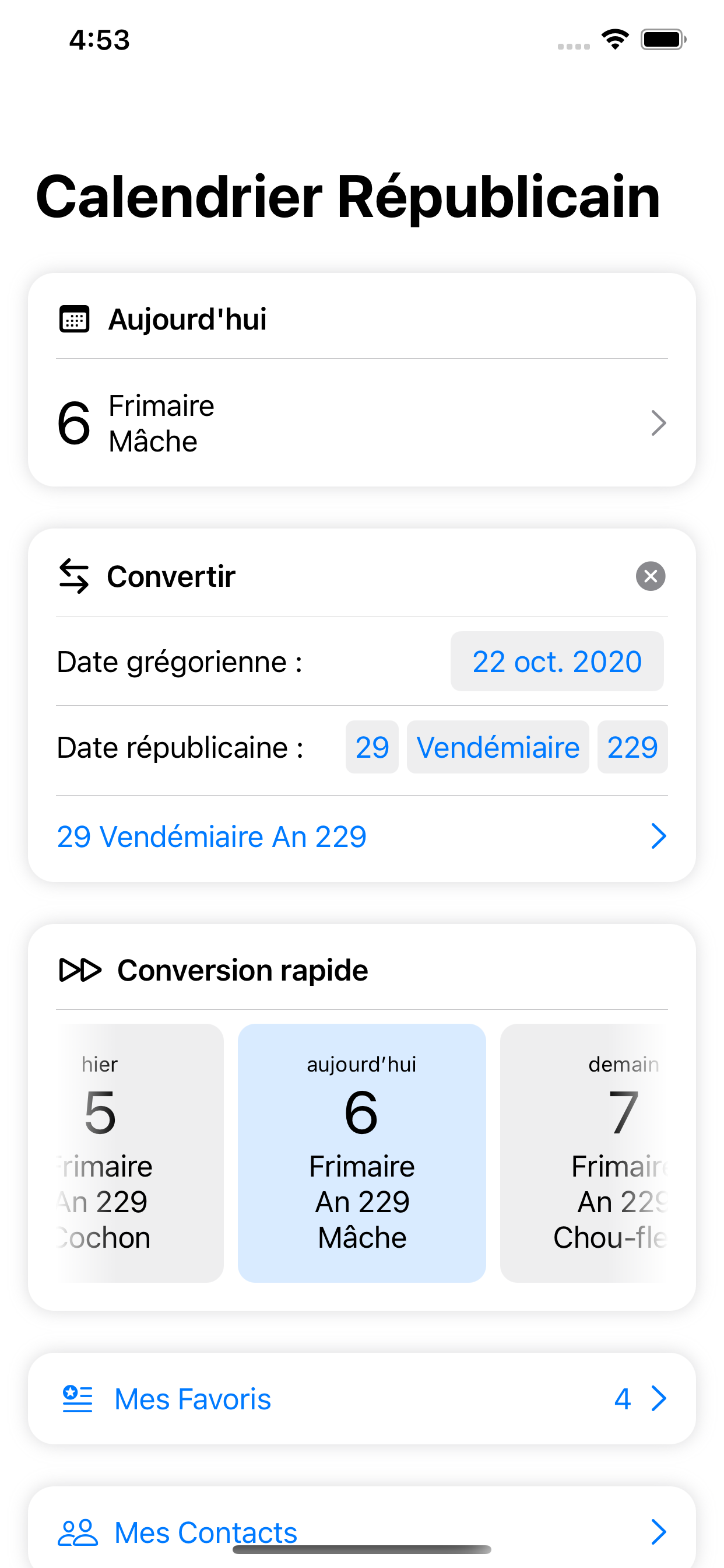 Screenshot of the main view of the app, with Today date, Converter, and a wheel to scroll through dates
