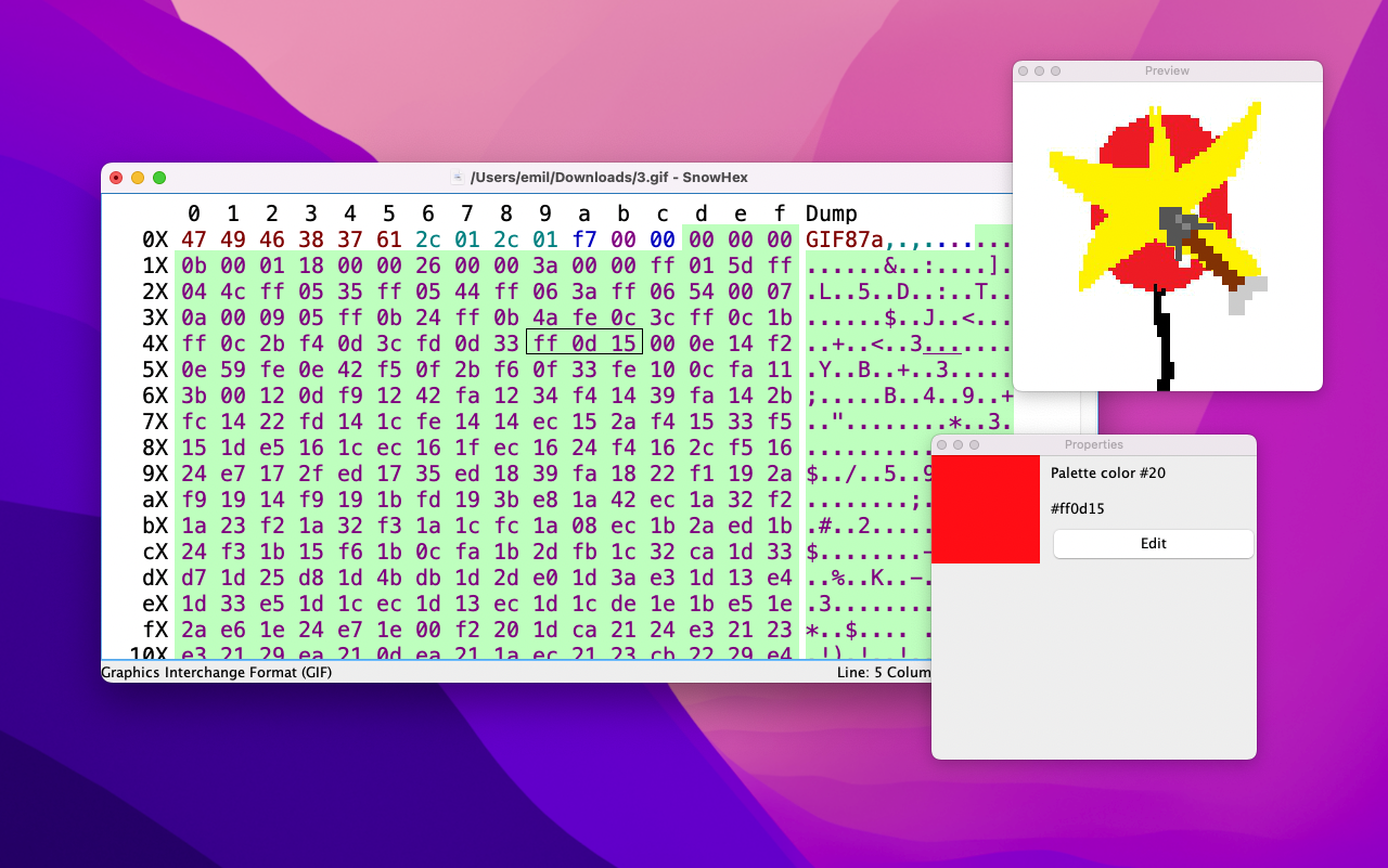 Screenshot of SnowHex on macOS, with syntax highlighting for a GIF image, with two auxiliary windows: one with a preview of the image and one to change the color of a palette element