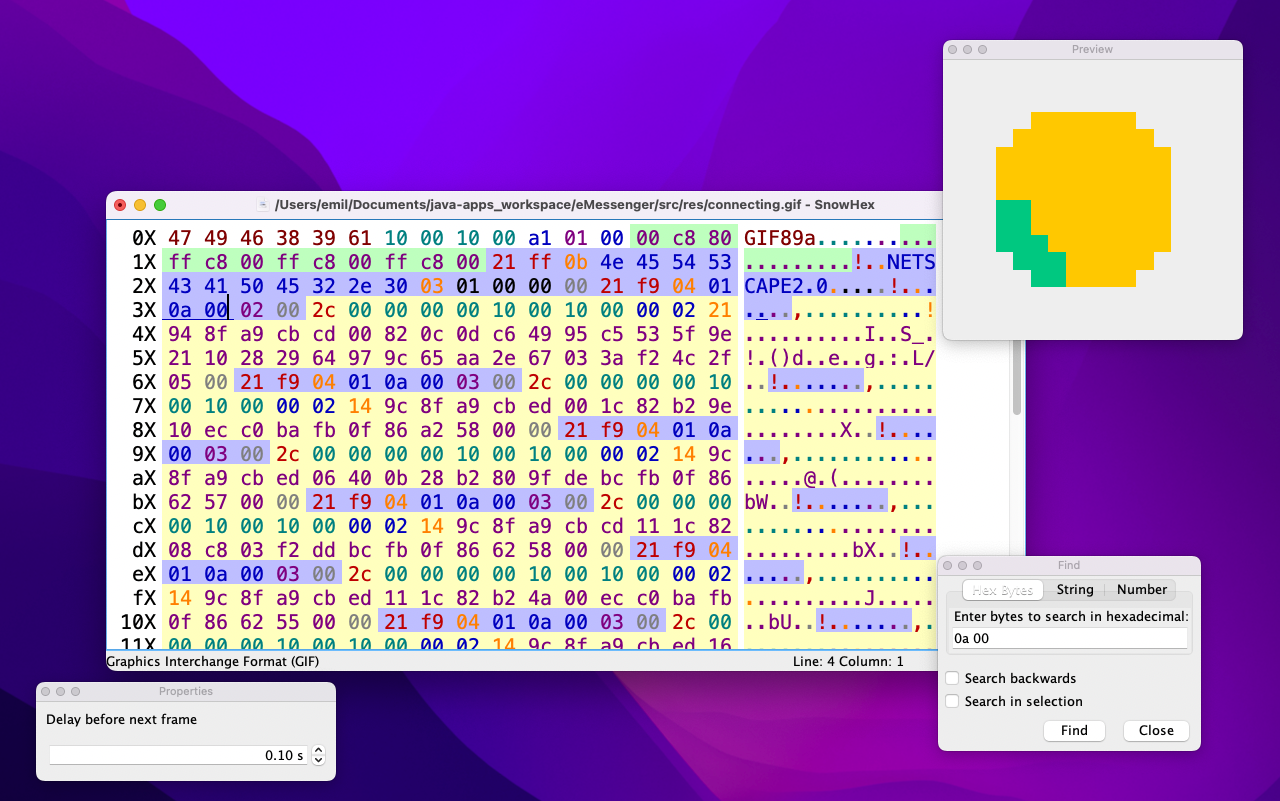 Screenshot of SnowHex, with the Find feature to find a sequence of bytes in a GIF file, and another window to edit the delay between images for the animated GIF